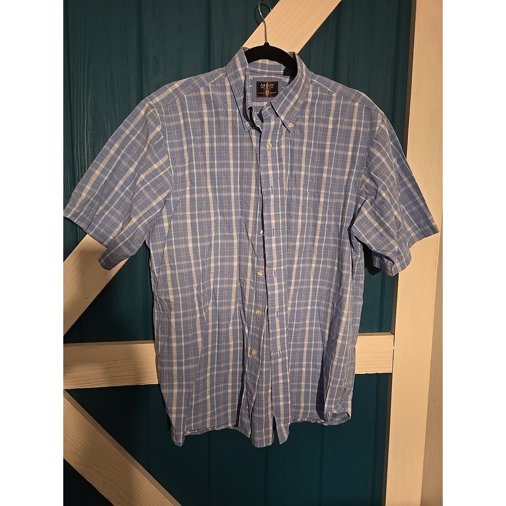 Arrow Plaid Shirt Mens M Blue Brown Short Sleeve Button Up Casual